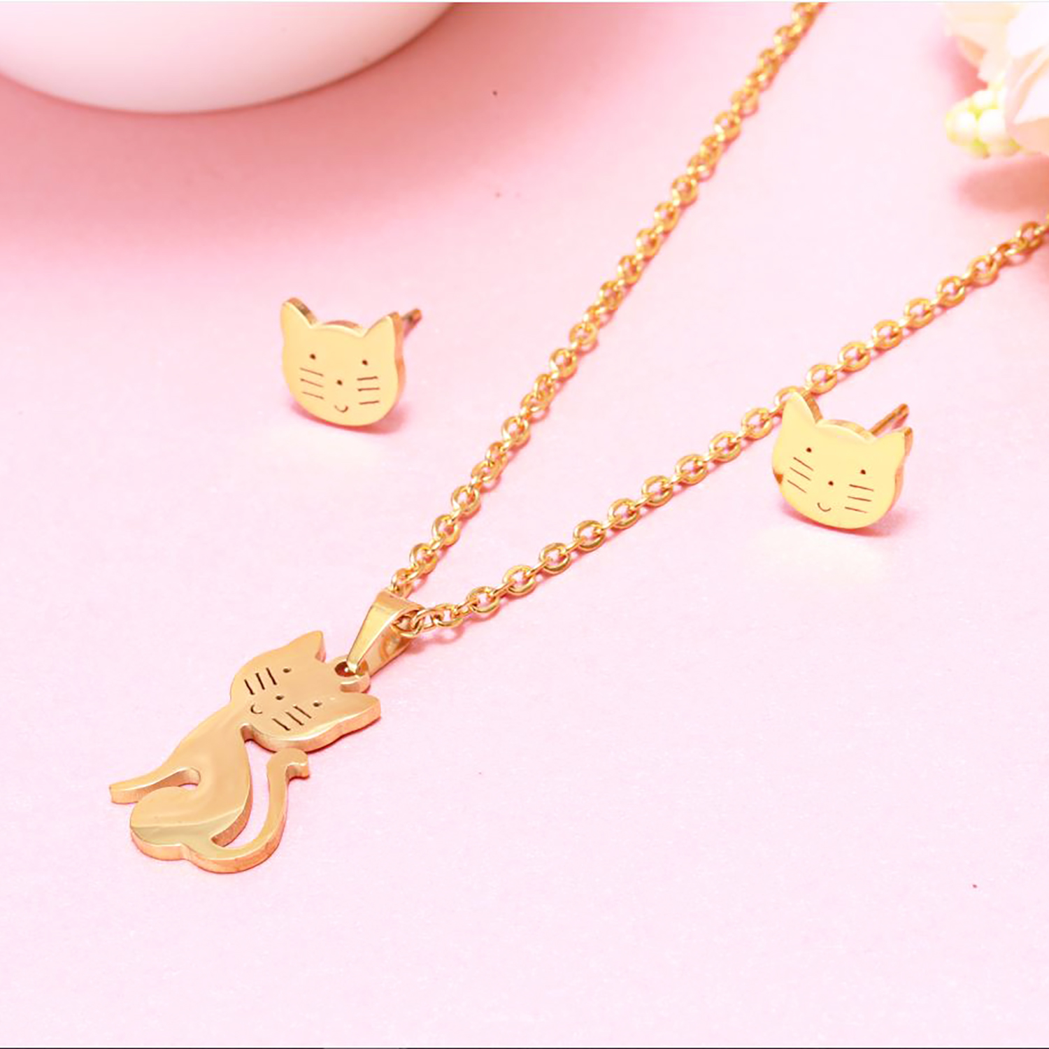 "Emma Manon Jewelry Set 18K Gold Plated Stainless Steel Lucky Cat Set "