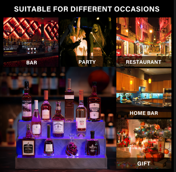 LED Lighted Liquor Bottle Display Shelf, 24 Inch Bar Display Shelf, DIY Illuminated Bottle Shelf with App & Remote Control, 3 Step Freestanding Holding Bottles for Home Bar, Party, Grey