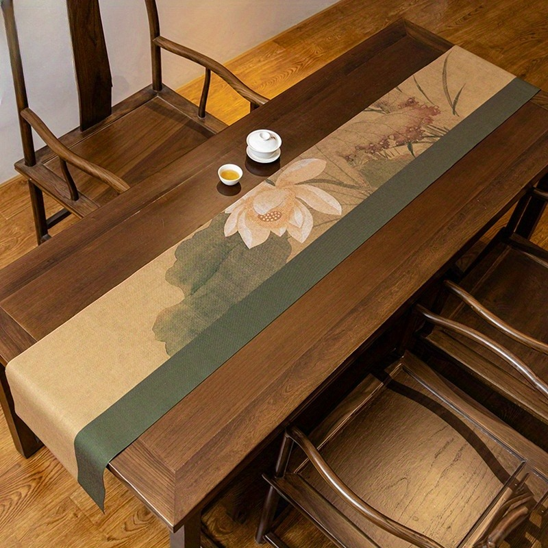 Elegant white lotus silk tablecloth - Chinese tea ceremony style, 13x72 inches, high-end table decoration with green edges and floral patterns, suitable for home or restaurant, coffee table