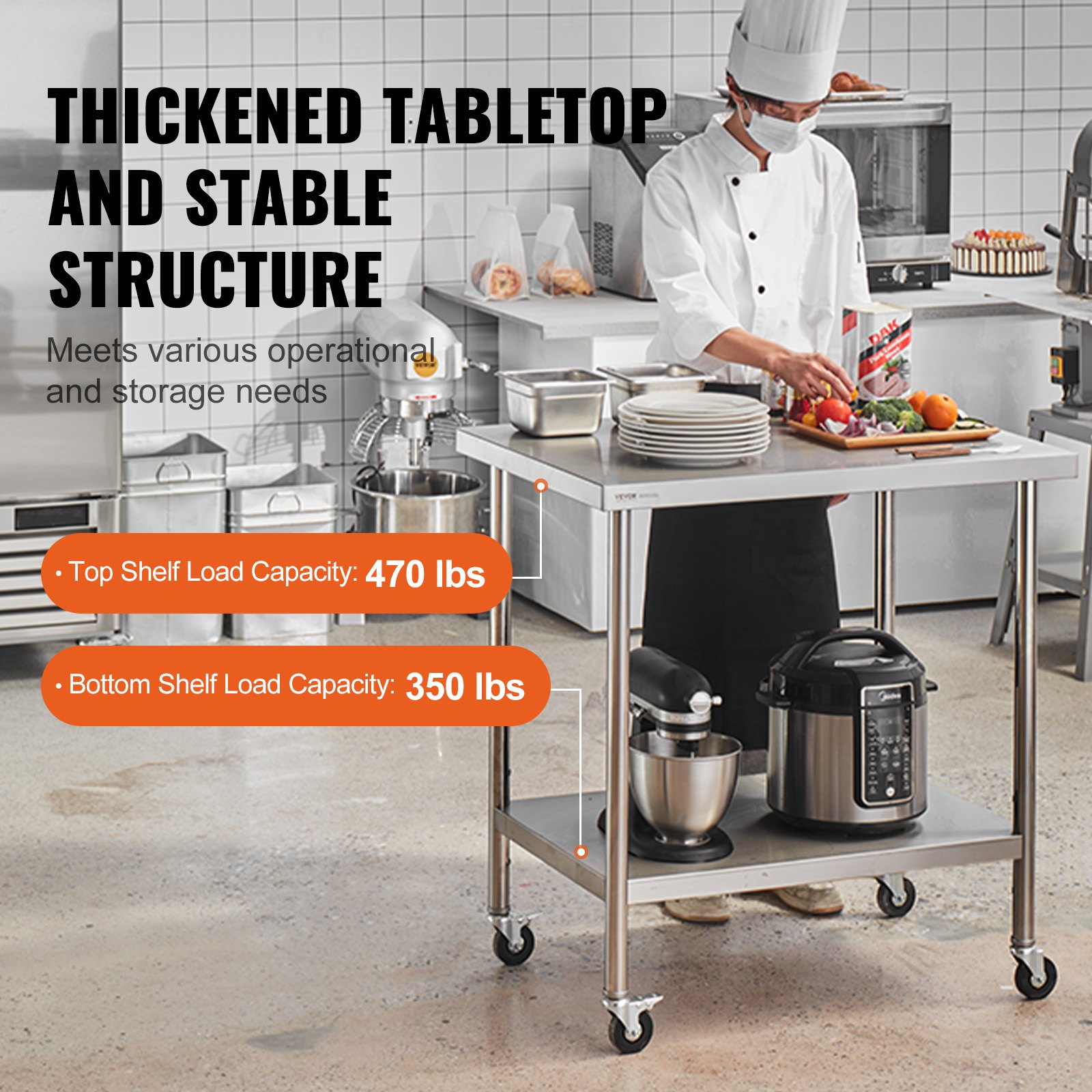 VEVOR Stainless Steel Work Table 30 x 36 x 38 Inch, with 4 Wheels, 3 Adjustable Height Levels, Heavy Duty Food Prep Worktable for Commercial Kitchen Restaurant, Silver