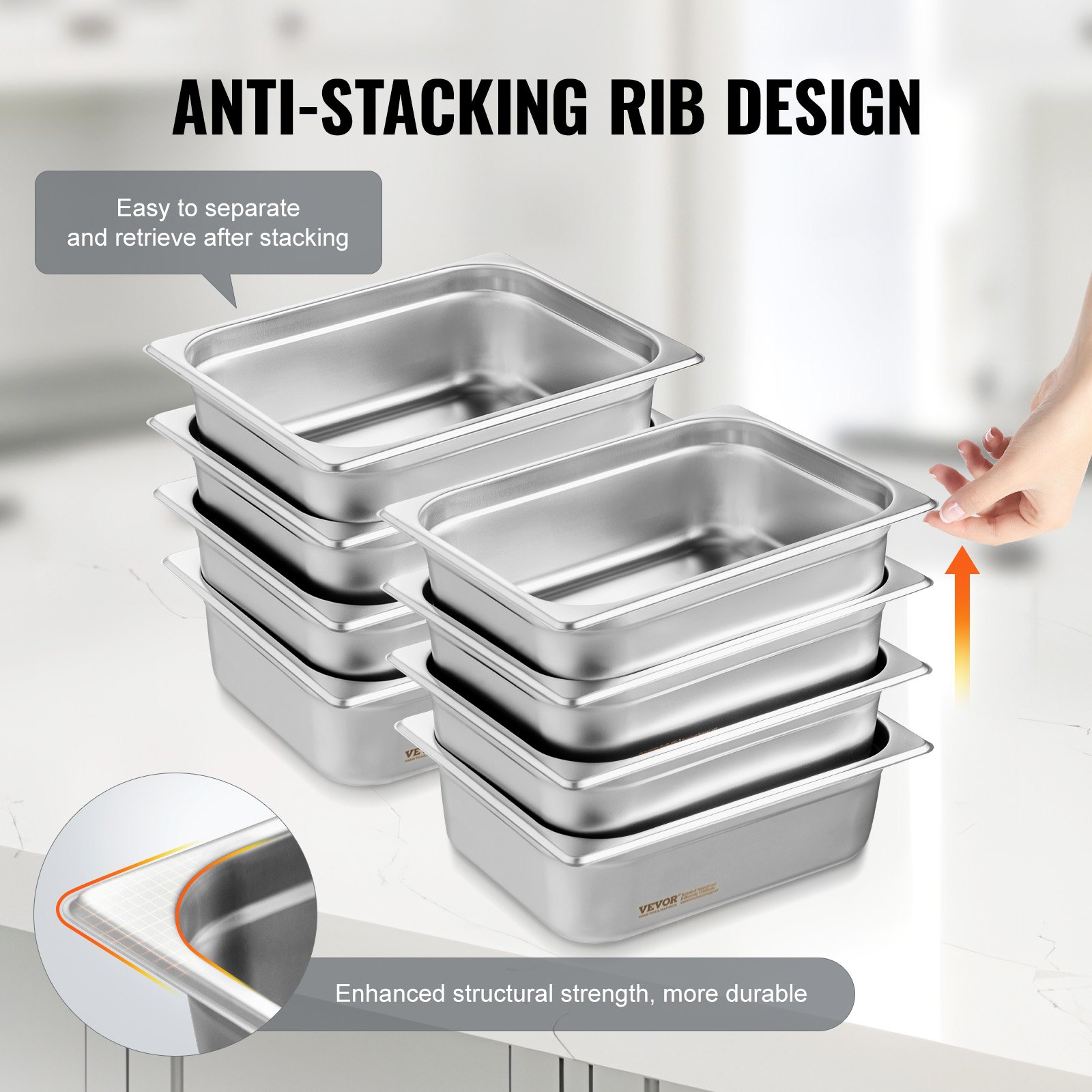 VEVOR 8 Pack Hotel Pans, 1/2 Size Anti-Jam Steam Pan with Lid, 0.8mm Thick Stainless Steel Steam Table Pan, 4-Inch Deep Commercial Table Pan, Catering Storage Food Pan, for Industrial &amp; Scientific