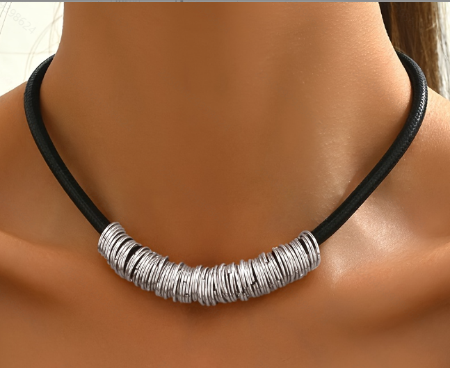 Lxalry Black Leather &amp; 14K Gold-Plated/14K White Gold Plated  Metal Ring Necklace, Adjustable Layered Textured Jewelry For Women, Handmade Hypoallergenic Fashion Accessories For Daily Party Stacking