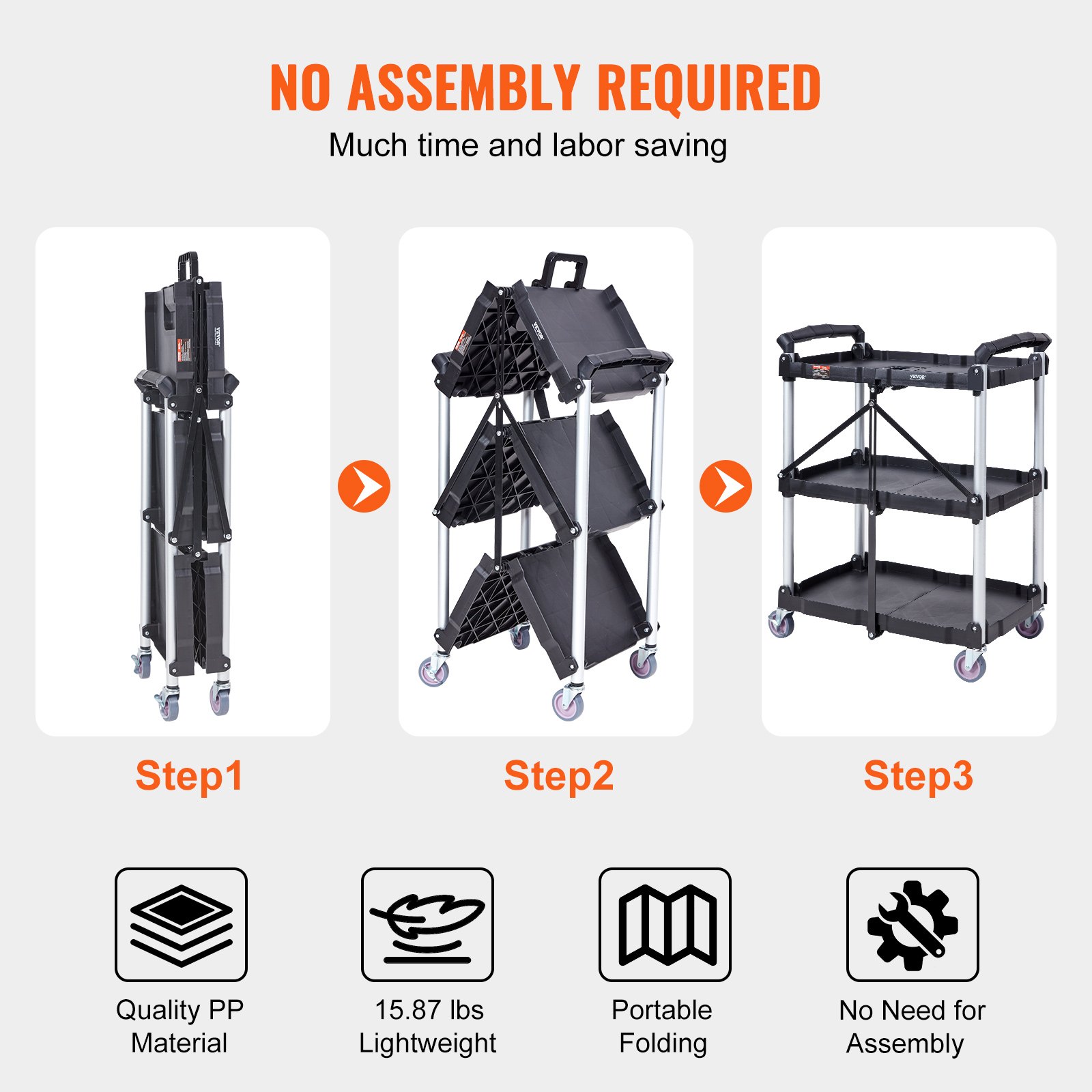 VEVOR Foldable Utility Service Cart, 3 Shelf 165LBS Heavy Duty Plastic Rolling Cart with Lockable Wheels, Ergonomic Handle, Portable Garage Tool Cart for Warehouse/Office/Home(25.62"x15.43"x32.76")