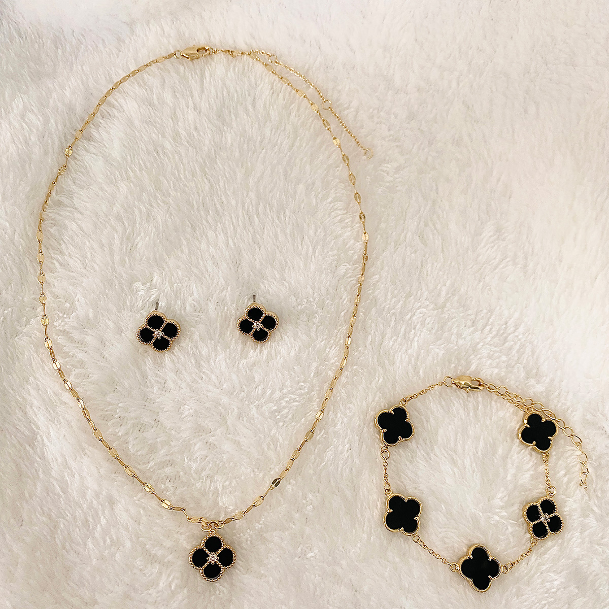 Lxalry 18K Gold Plated Black Four-Leaf Clover Jewelry Set for Women – Stainless Steel Cubic Zirconia Necklace, Bracelet &amp; Stud Earrings, Tarnish-Free, Hypoallergenic, Minimalist Summer Gift