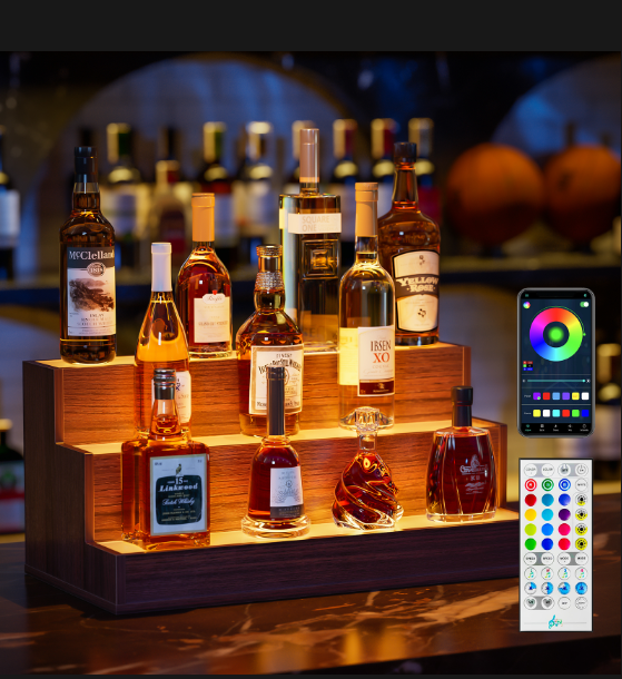 LED Lighted Liquor Bottle Display Shelf, 24 Inch Bar Display Shelf, DIY Illuminated Bottle Shelf with App &amp; Remote Control, 3 Step Freestanding Holding Bottles for Home Bar, Party, Walnut