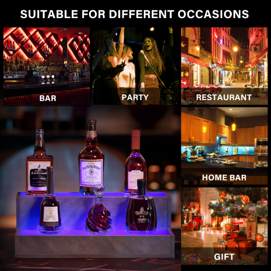 LED Lighted Liquor Bottle Display Shelf, 20 Inch Bar Display Shelf, DIY Illuminated Bottle Shelf with App &amp; Remote Control, 2 Step Freestanding Holding Bottles for Home Bar, Party, Walnut
