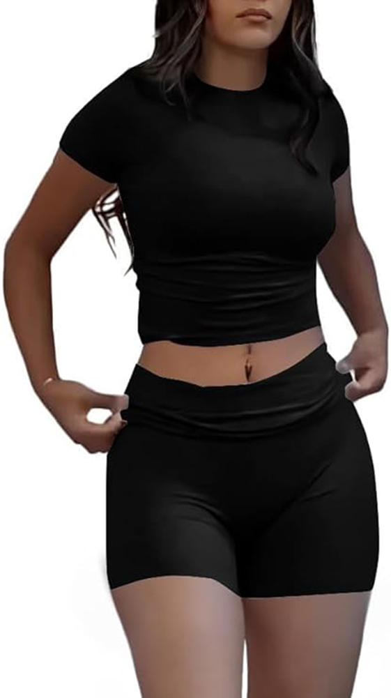 Leisure sports two-piece set, short sleeved high waisted foldable bell bottom pants, shorts, sportswear, streetwear