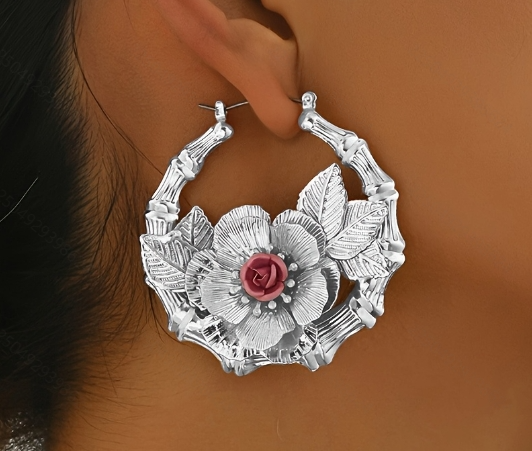 Lxalry Gold-Toned Pure Iron Floral Hoop Earrings, Handmade Boho Leaf &amp; Pink Flower Jewelry For Women, Hypoallergenic Non-Tarnish Accessories For Daily Party (5.5cm Designer)​​