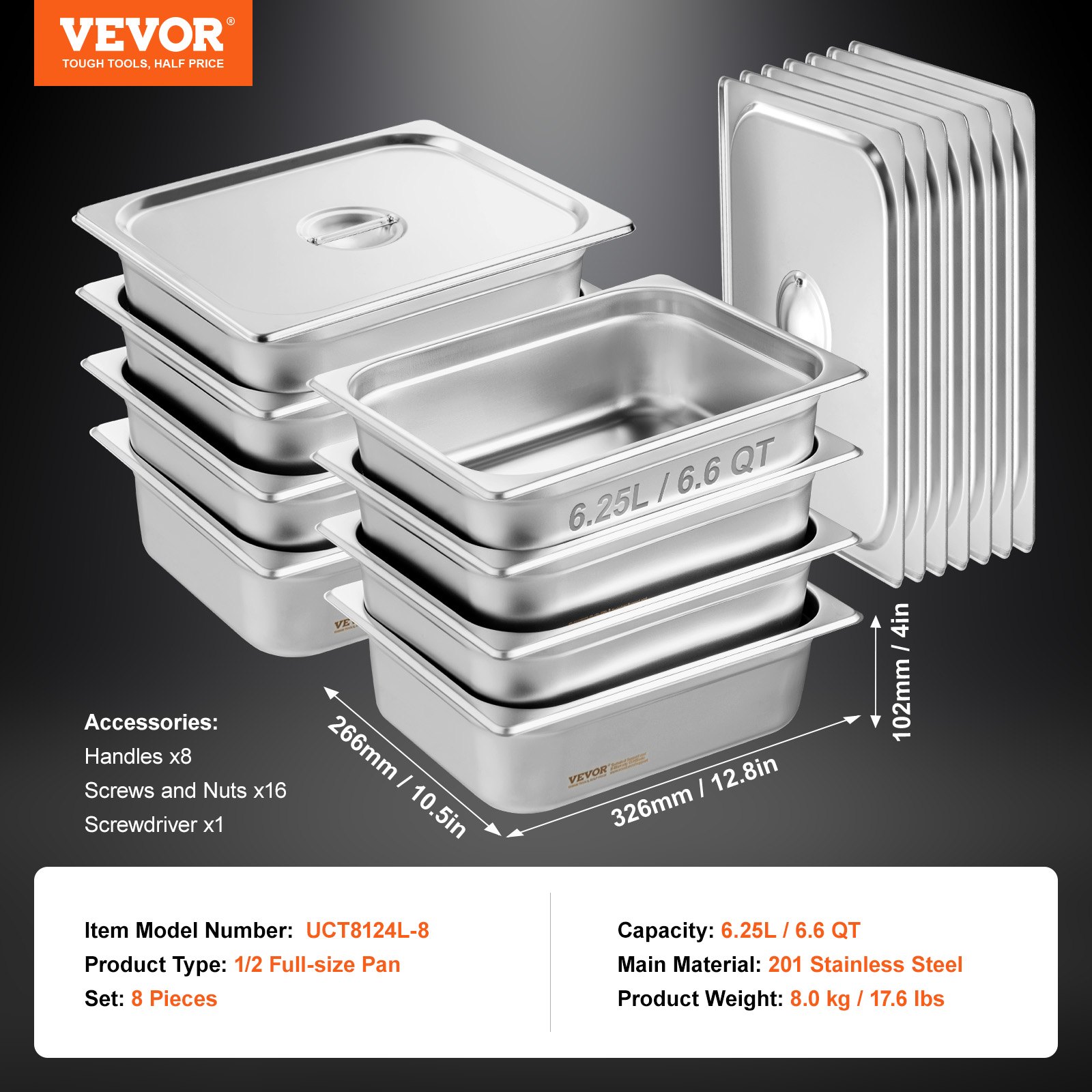VEVOR 8 Pack Hotel Pans, 1/2 Size Anti-Jam Steam Pan with Lid, 0.8mm Thick Stainless Steel Steam Table Pan, 4-Inch Deep Commercial Table Pan, Catering Storage Food Pan, for Industrial &amp; Scientific