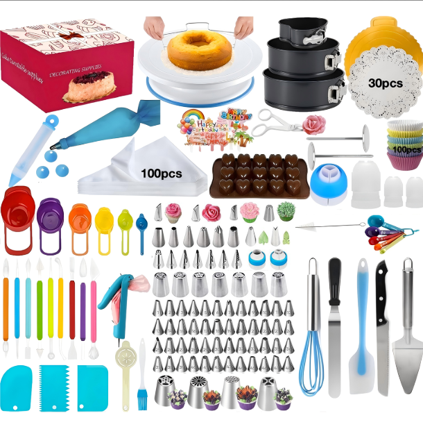 398pcsCake Decorating Supplies Kit, Baking Tools Set for Cakes – 3 Packs Springform Cake Pans Cake Rotating Turntable 48 Numbered Piping Icing Tips 4 Russian Nozzles for Beginners