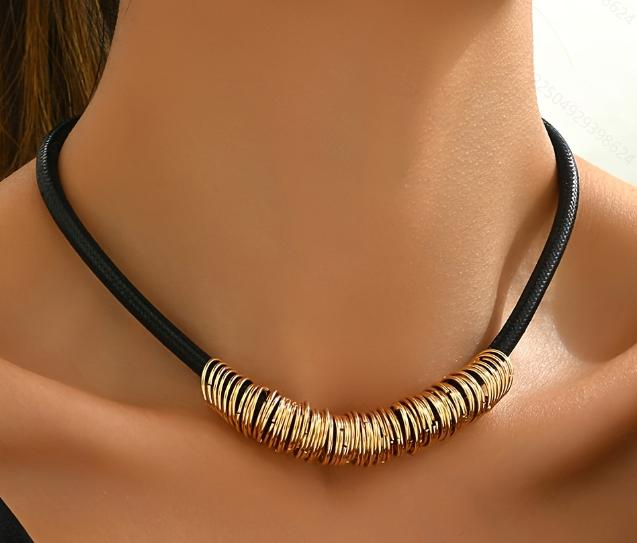 Lxalry Black Leather &amp; 14K Gold-Plated/14K White Gold Plated  Metal Ring Necklace, Adjustable Layered Textured Jewelry For Women, Handmade Hypoallergenic Fashion Accessories For Daily Party Stacking