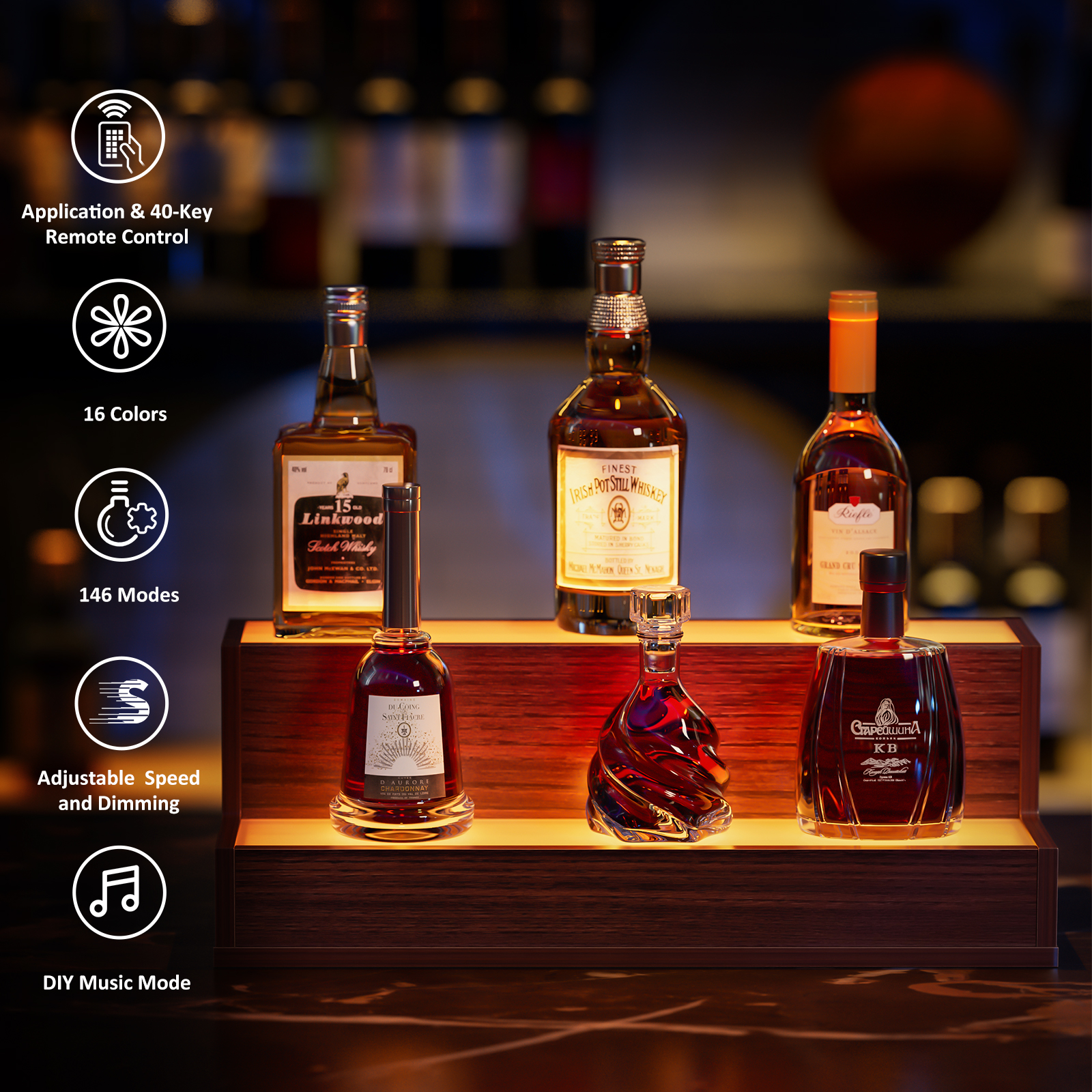 LED Lighted Liquor Bottle Display Shelf, 20 Inch Bar Display Shelf, DIY Illuminated Bottle Shelf with App &amp; Remote Control, 2 Step Freestanding Holding Bottles for Home Bar, Party, Walnut