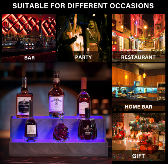 LED Lighted Liquor Bottle Display Shelf, 20 Inch Bar Display Shelf, DIY Illuminated Bottle Shelf with App & Remote Control, 2 Step Freestanding Holding Bottles for Home Bar, Party, Grey