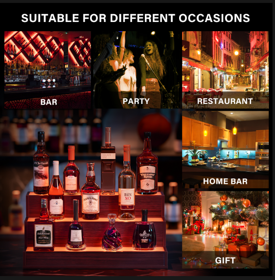 LED Lighted Liquor Bottle Display Shelf, 24 Inch Bar Display Shelf, DIY Illuminated Bottle Shelf with App & Remote Control, 3 Step Freestanding Holding Bottles for Home Bar, Party, Walnut
