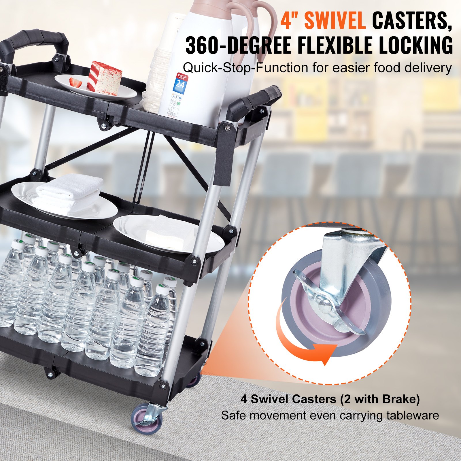 VEVOR Foldable Utility Service Cart, 3 Shelf 165LBS Heavy Duty Plastic Rolling Cart with Lockable Wheels, Ergonomic Handle, Portable Garage Tool Cart for Warehouse/Office/Home(25.62"x15.43"x32.76")