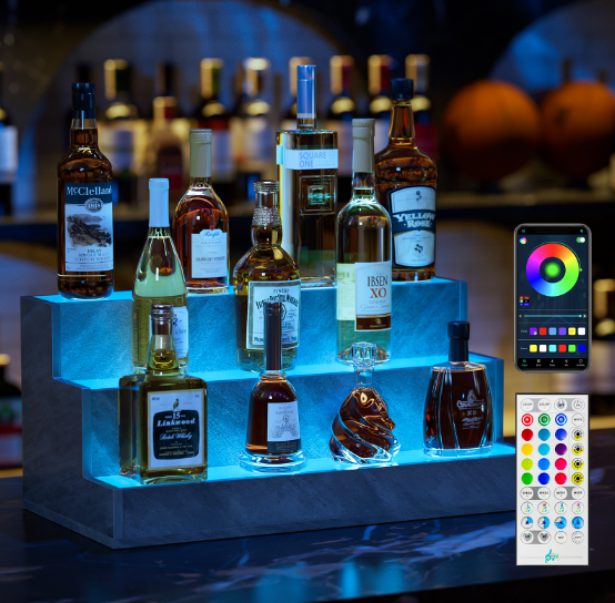 LED Lighted Liquor Bottle Display Shelf, 24 Inch Bar Display Shelf, DIY Illuminated Bottle Shelf with App & Remote Control, 3 Step Freestanding Holding Bottles for Home Bar, Party, Grey