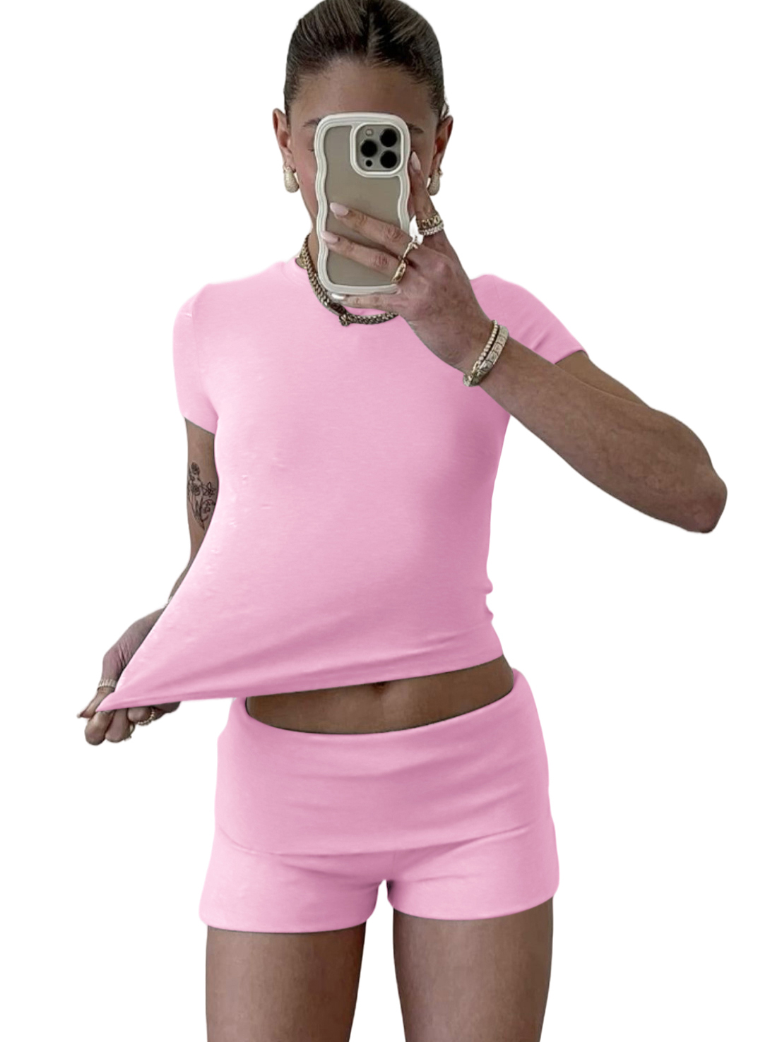 Leisure sports two-piece set, short sleeved high waisted foldable bell bottom pants, shorts, sportswear, streetwear