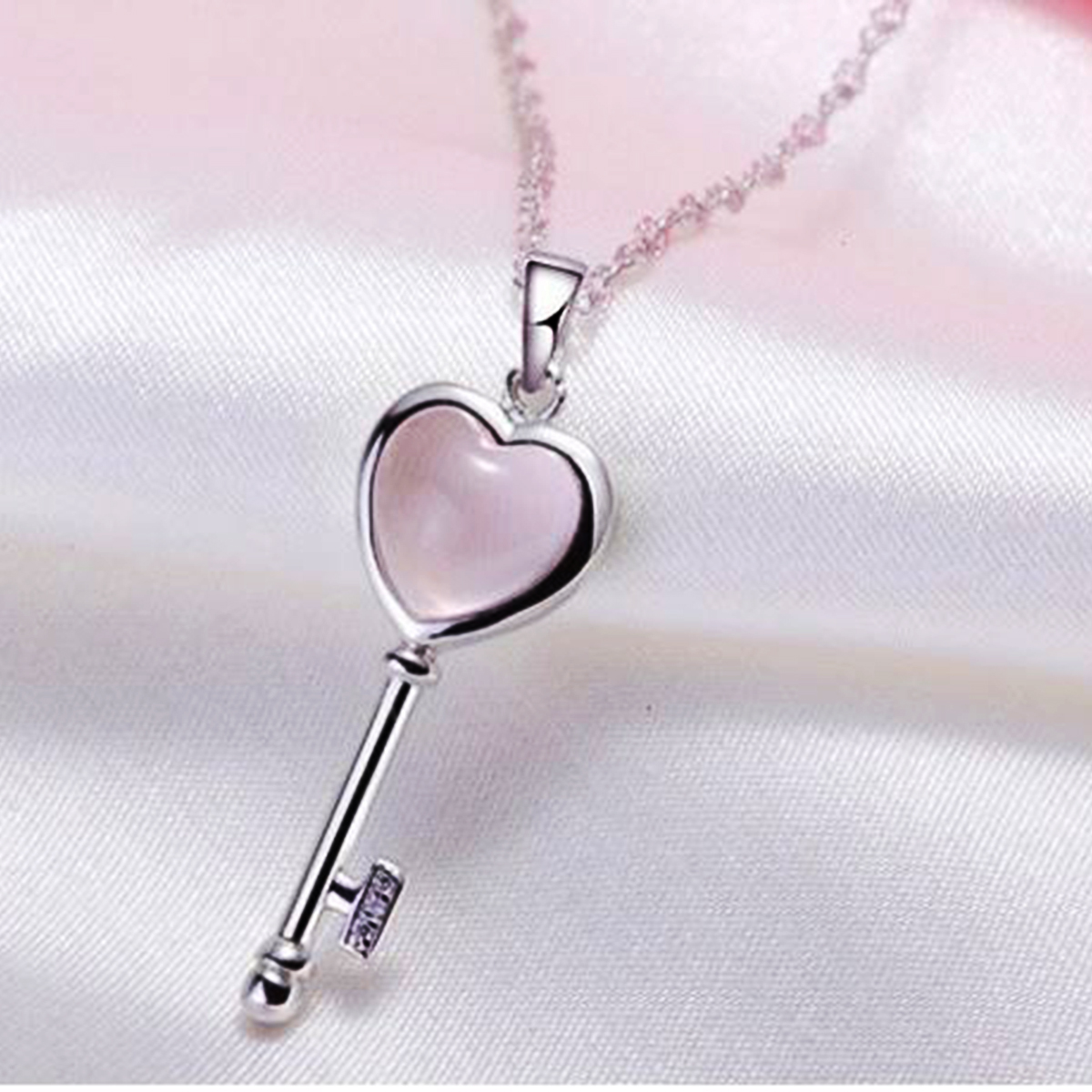 "14k White Gold-Plated Love Key AAA Pink Moonstone Pendant Necklace for Women  "