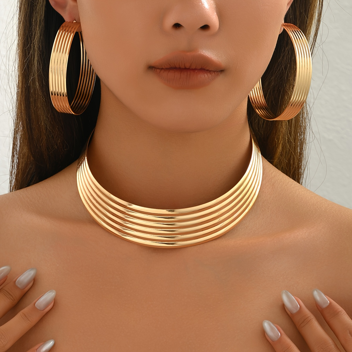 3-piece women's fashion jewelry set trendy personality geometric metal style exaggerated large collar earring set suitable for daily versatile party gifts