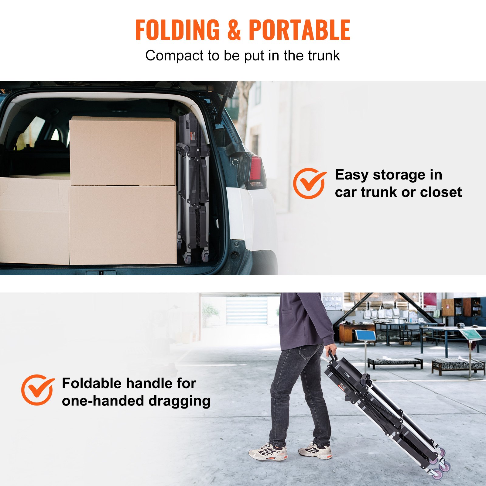 VEVOR Foldable Utility Service Cart, 3 Shelf 165LBS Heavy Duty Plastic Rolling Cart with Lockable Wheels, Ergonomic Handle, Portable Garage Tool Cart for Warehouse/Office/Home(25.62"x15.43"x32.76")