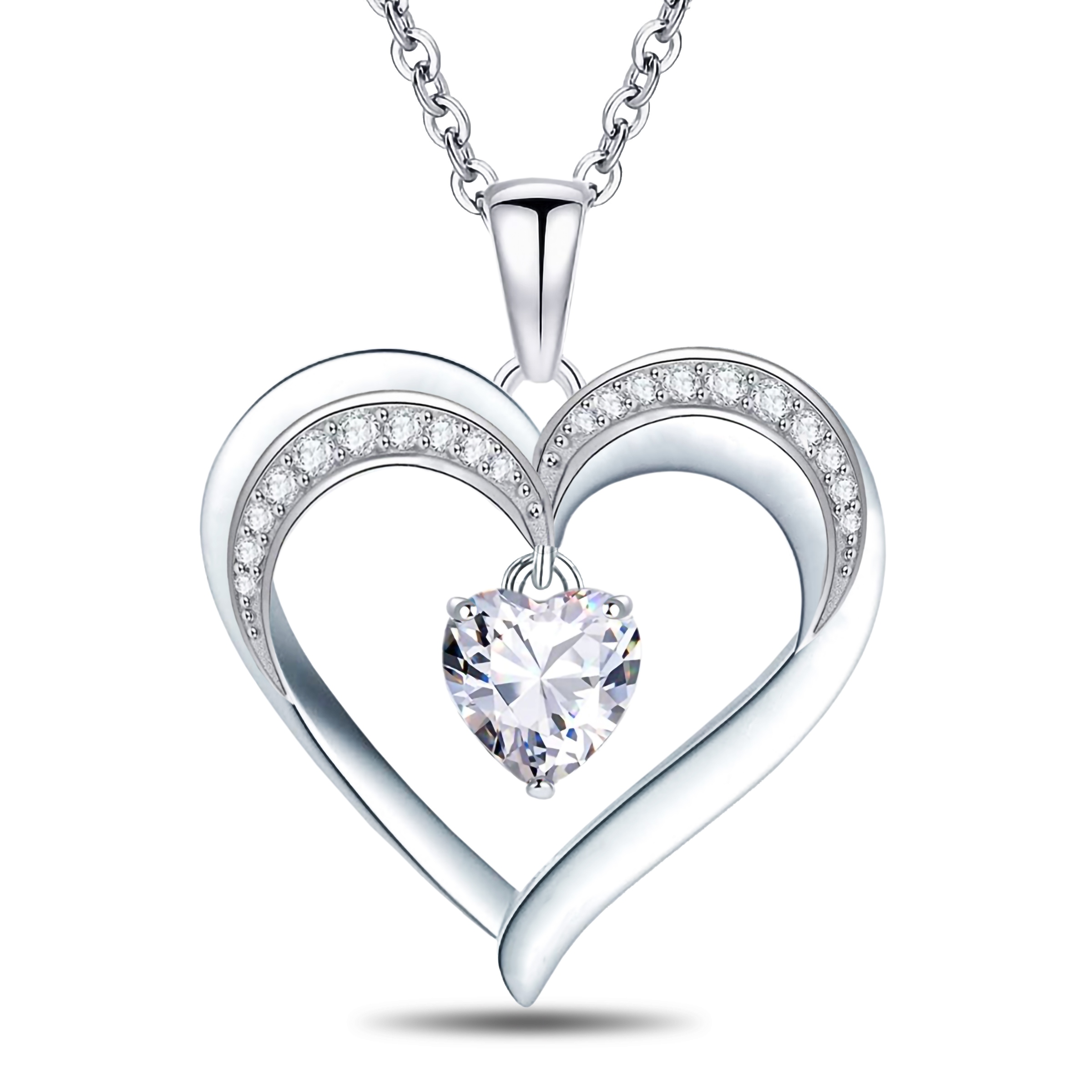 Emma Manor 18k White Gold Plated 5A Heart Shape Cubic Zirconia Love Heart Pendant Necklace for Women