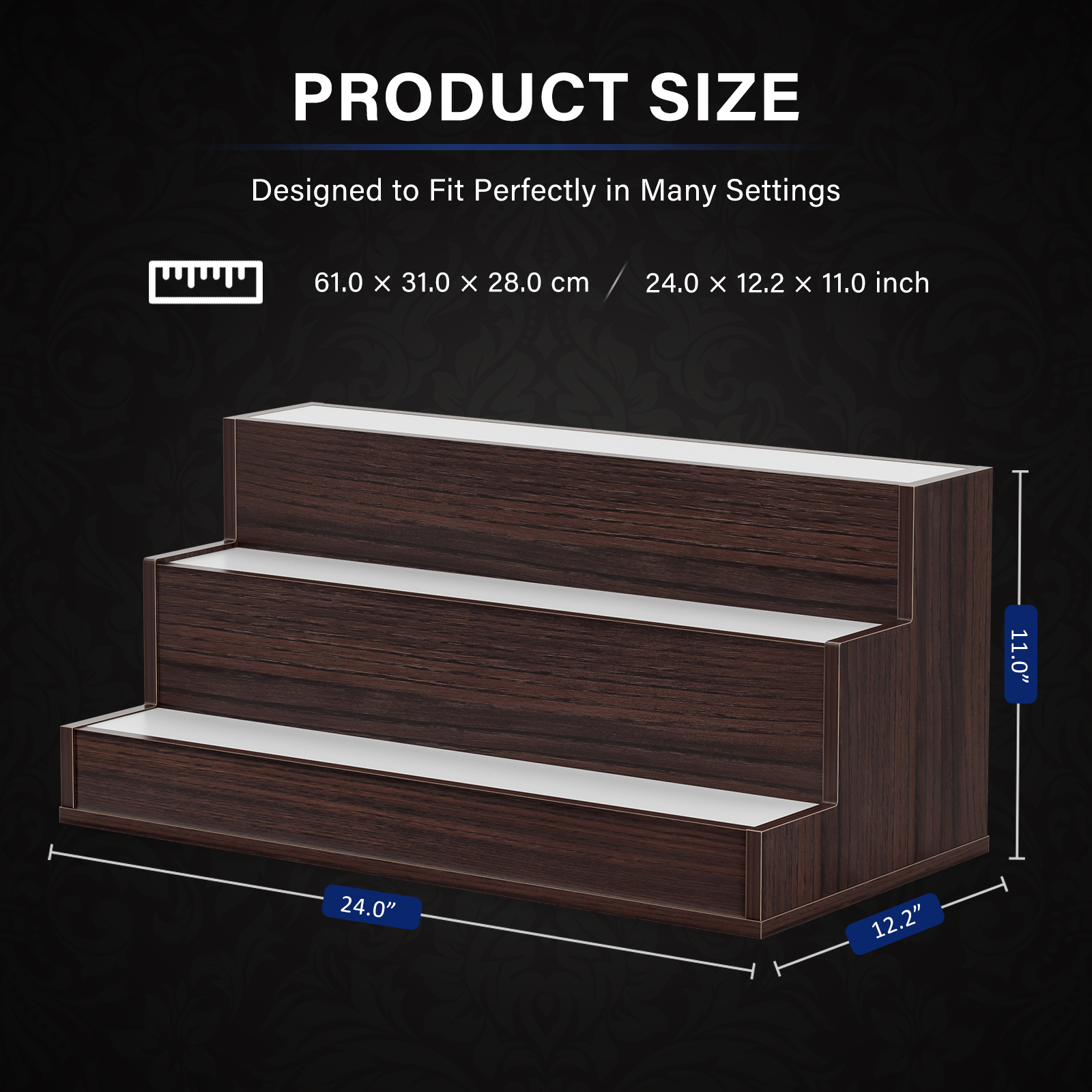 LED Lighted Liquor Bottle Display Shelf, 24 Inch Bar Display Shelf, DIY Illuminated Bottle Shelf with App &amp; Remote Control, 3 Step Freestanding Holding Bottles for Home Bar, Party, Walnut