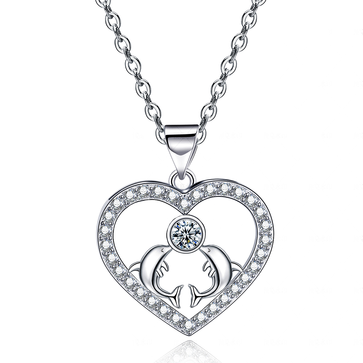 Emma Manor 14k White Gold Plated 5A Cubic Zirconia Love Dolphin Pendant Necklace