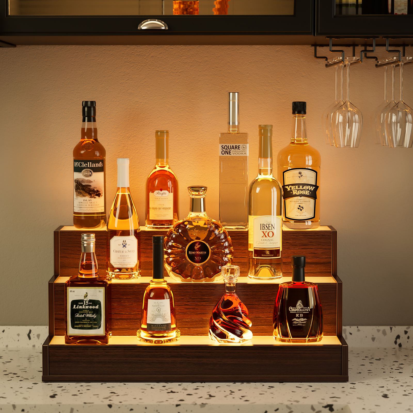 LED Lighted Liquor Bottle Display Shelf, 24 Inch Bar Display Shelf, DIY Illuminated Bottle Shelf with App &amp; Remote Control, 3 Step Freestanding Holding Bottles for Home Bar, Party, Walnut