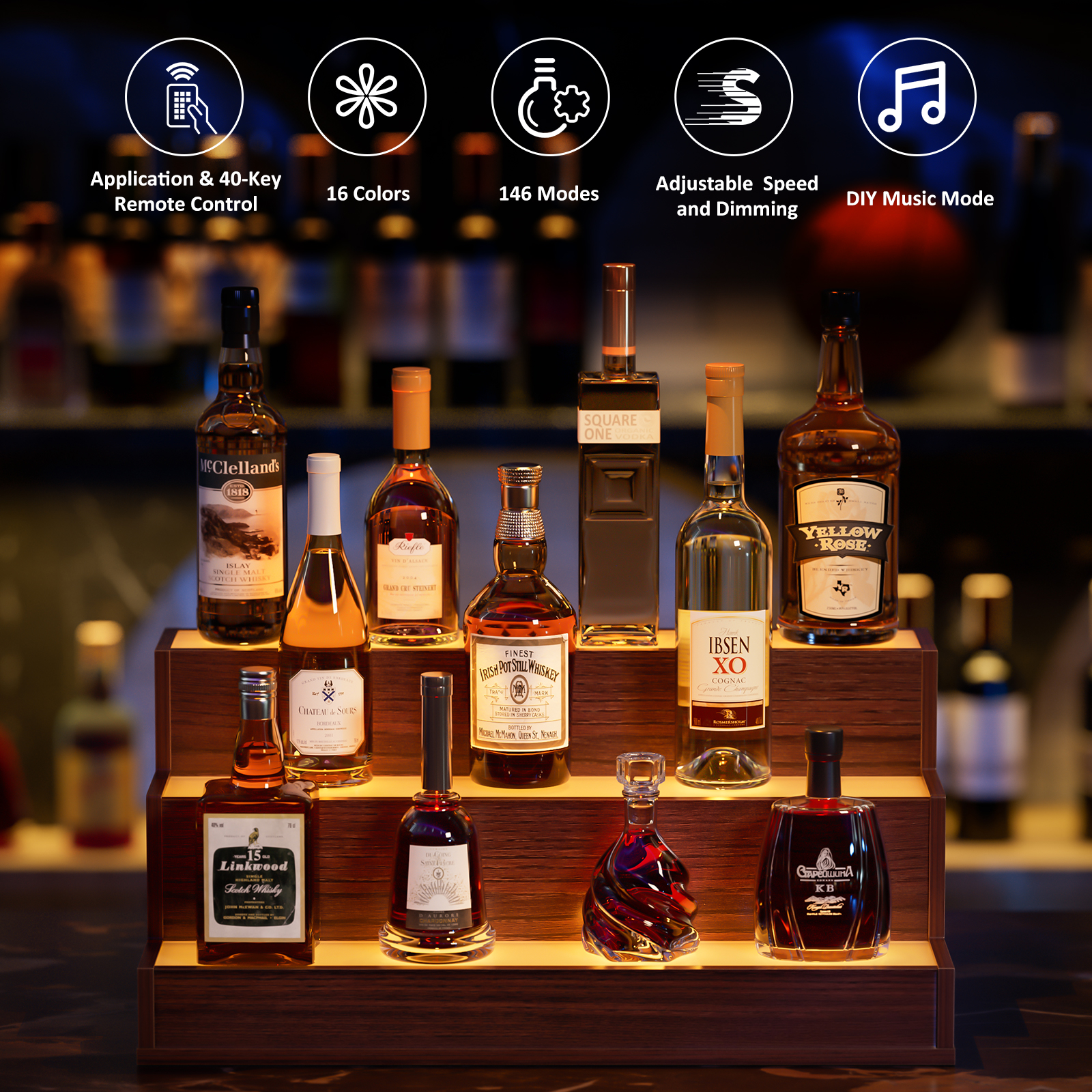 LED Lighted Liquor Bottle Display Shelf, 24 Inch Bar Display Shelf, DIY Illuminated Bottle Shelf with App &amp; Remote Control, 3 Step Freestanding Holding Bottles for Home Bar, Party, Walnut