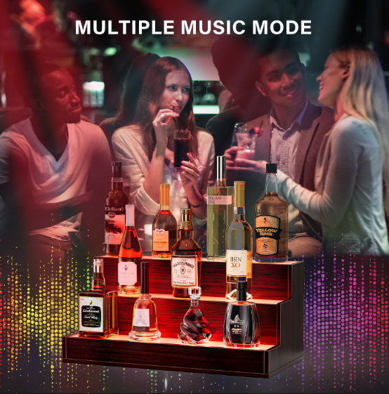 LED Lighted Liquor Bottle Display Shelf, 24 Inch Bar Display Shelf, DIY Illuminated Bottle Shelf with App &amp; Remote Control, 3 Step Freestanding Holding Bottles for Home Bar, Party, Walnut