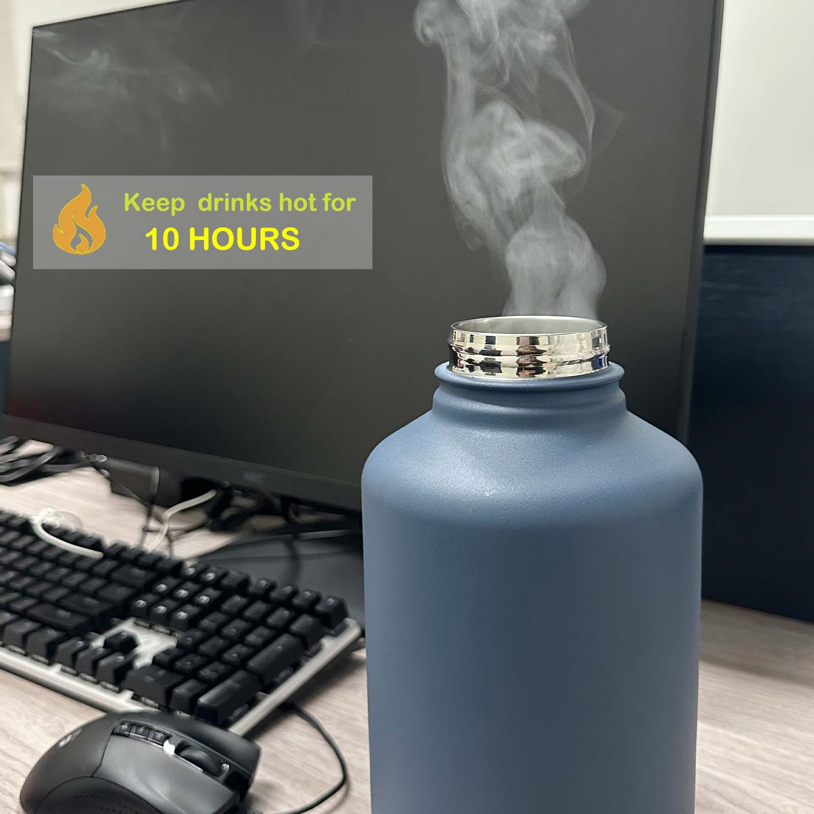57oz/1700ml stainless steel outdoor insulated water bottle, large capacity with straw, pull ring for easy carrying