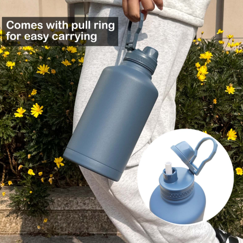 57oz/1700ml stainless steel outdoor insulated water bottle, large capacity with straw, pull ring for easy carrying
