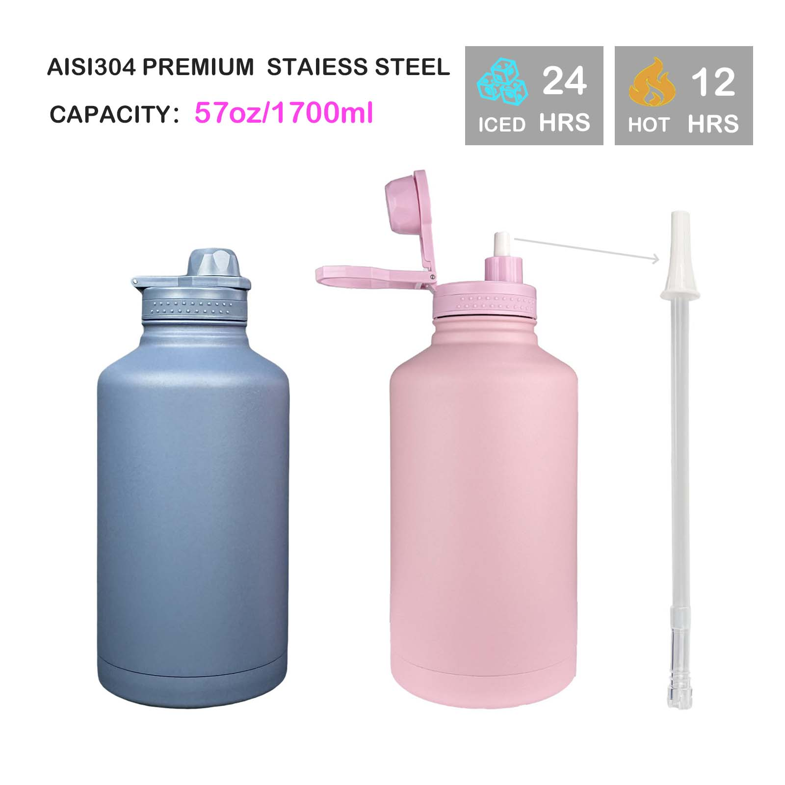 57oz/1700ml stainless steel outdoor insulated water bottle, large capacity with straw, pull ring for easy carrying