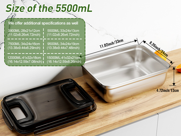 304 stainless steel fresh-keeping box, kitchen storage, 5.5L large capacity, frozen fresh-keeping, storing food, pickling kimchi, meat, etc