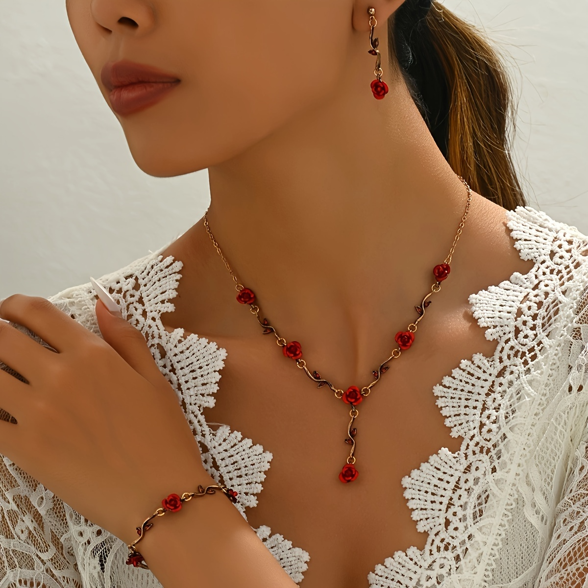 "Lxalry Romantic Red Rose Jewelry Set, Handmade Electroplated Necklace Bracelet &amp; Earrings Trio, Bridal Gift for Wedding Elegance &amp; Everyday Romance "