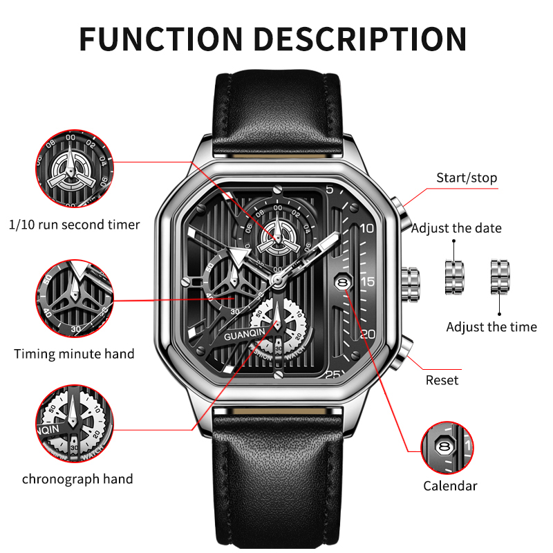 Men's Sports Fashion Square Dial Analog Quartz Watch with Cow Hide Strap, Trendy All-Match & Exquisite Birthday Gift Watch in Designer Box