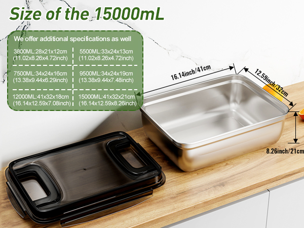 304 stainless steel fresh-keeping box, kitchen storage, 15L large capacity, frozen fresh-keeping, storing food, pickling kimchi, meat, etc., suitable for multi person gatherings such as Halloween and turkey festivals.