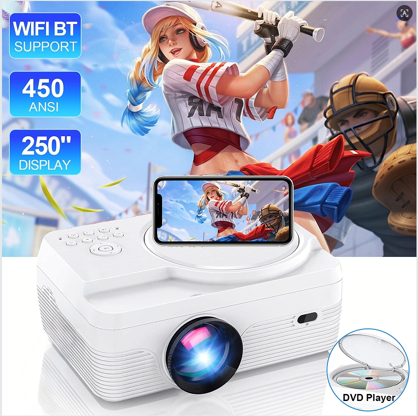 Full HD 450 ANSl WIFl Bluetooth Projector Built In DVD Player, Native 1080P Projector And 250"supported with Tripod And Carry Bag, Projector Compatible with TV stick, Laptop,Portable Outdoor