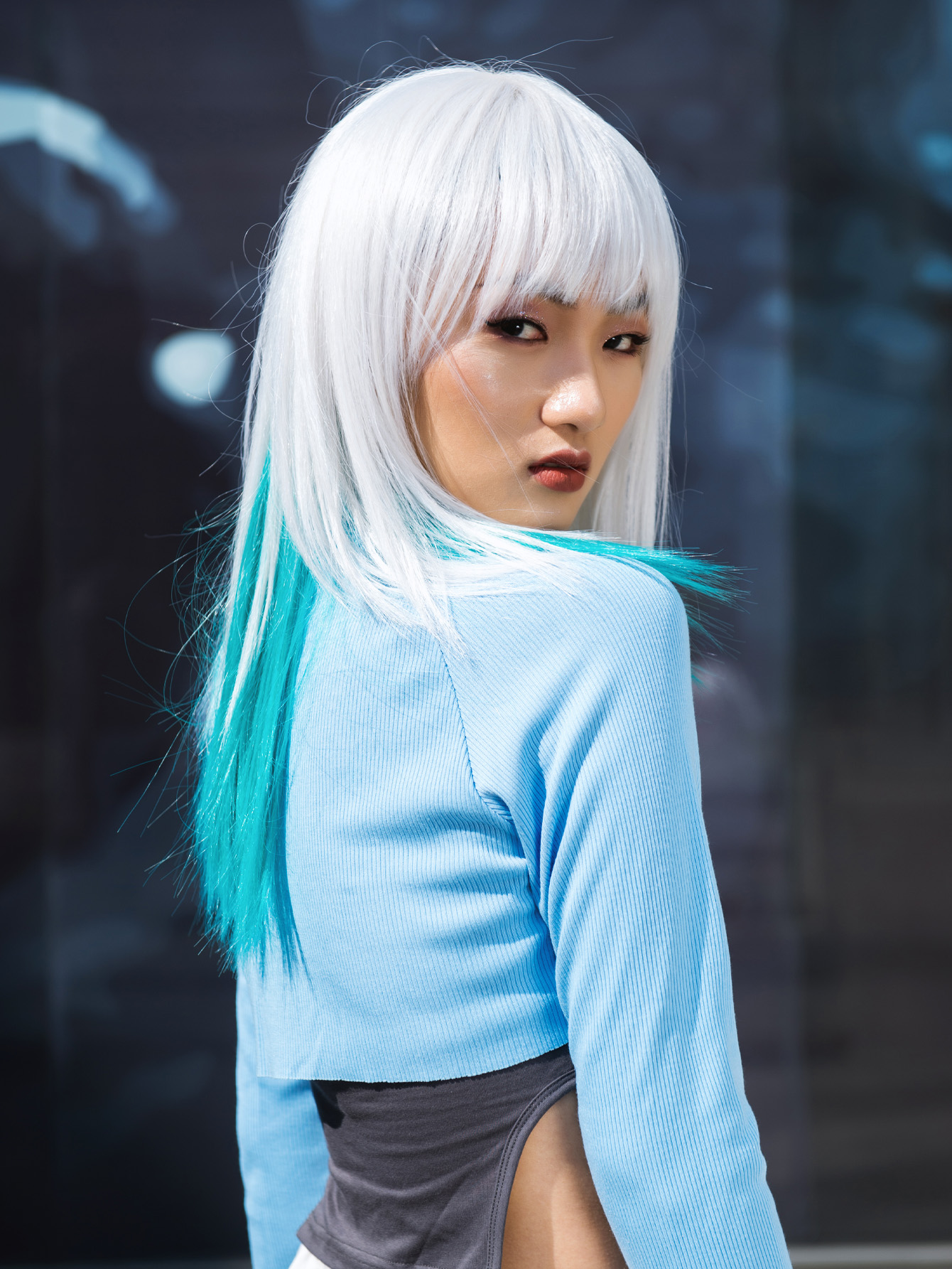 Long Matt white plus light green Wigs for Women,Matt white plus lavender Wigs with Bangs Layered Shoulder Length Synthetic Wig for Daily Party (24 inch)