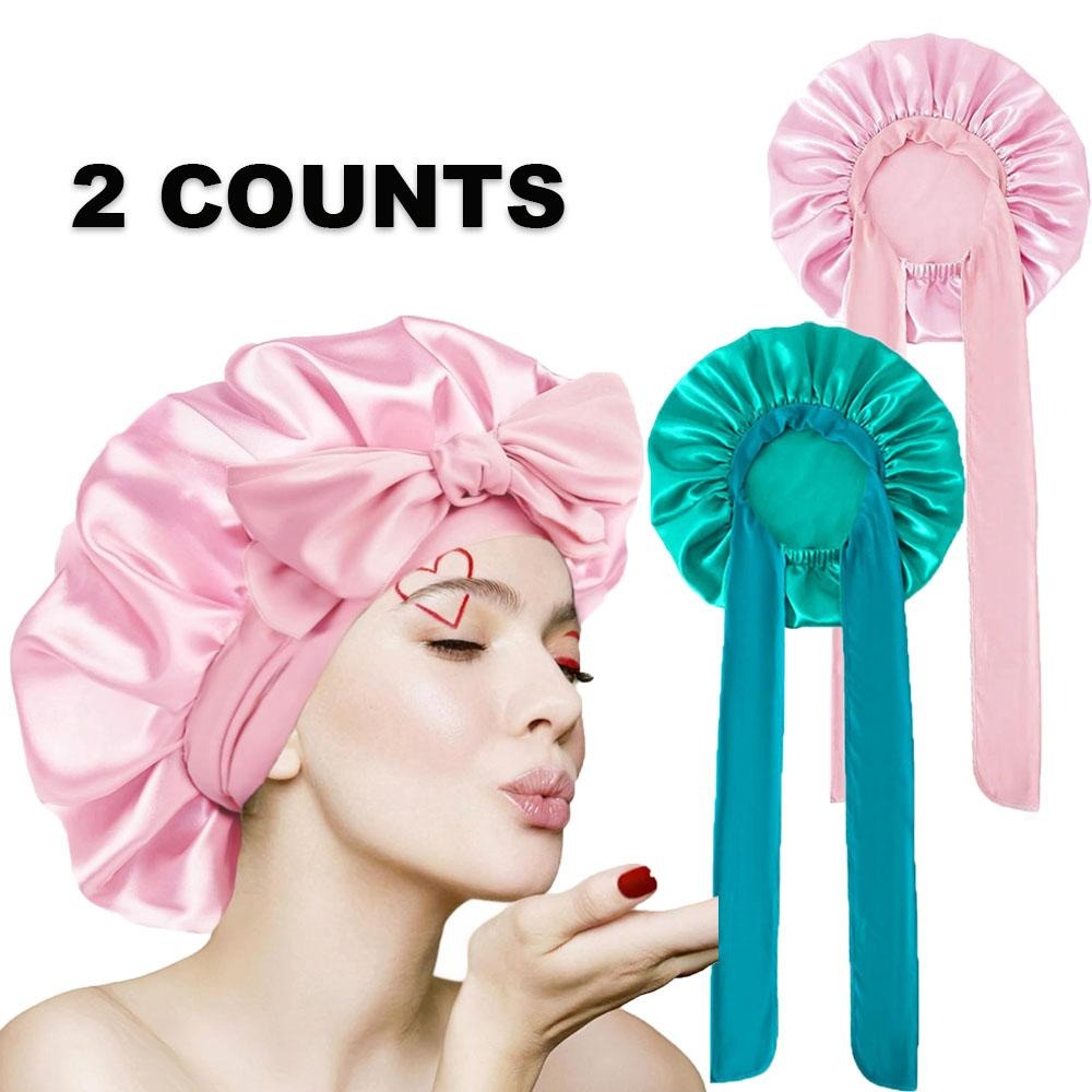 2Pack Bonnet with Tie Band, Satin Silk Bonnet for Sleeping, Sleep Bonnets for Women, Large Sleep Cap for Braids Curly Hair