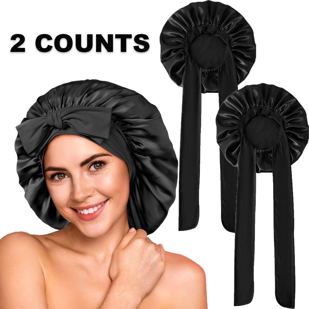 2Pack Bonnet with Tie Band, Satin Silk Bonnet for Sleeping, Sleep Bonnets for Women, Large Sleep Cap for Braids Curly Hair