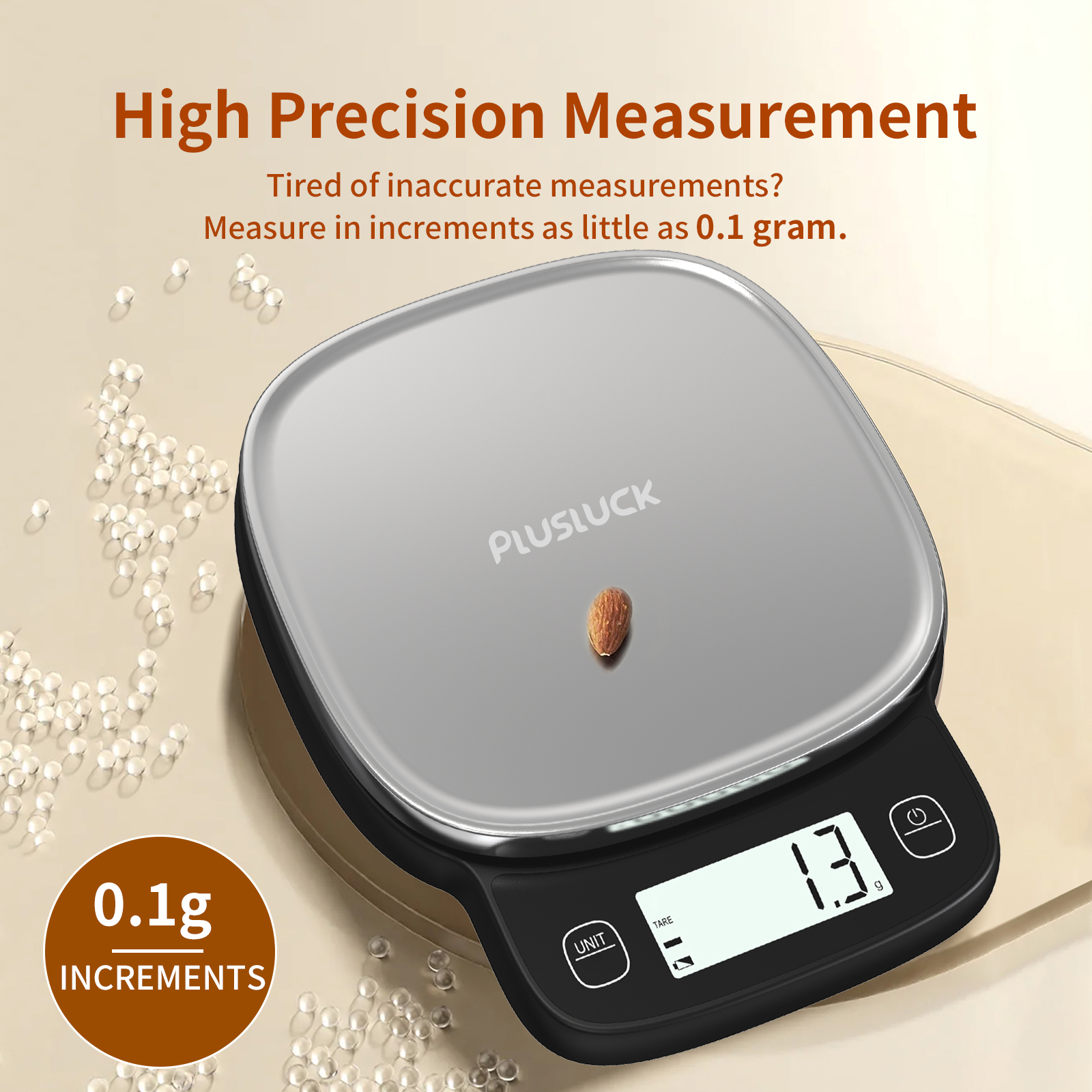 High precision 0.1g digital kitchen scale - 5kg capacity, 304 stainless steel surface, multi-function LCD display, one-click peeling,g/ml(water)/ml(milk)/lb unit conversion, rounded corner design, non-slip foot pad