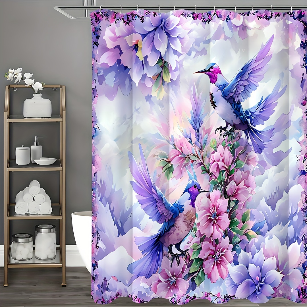 1pc Enchanting Purple Hummingbird Shower Curtain Set with Waterproof Floral Design, 12 Easy-Glide Hooks, for Elegant Bathroom Decor