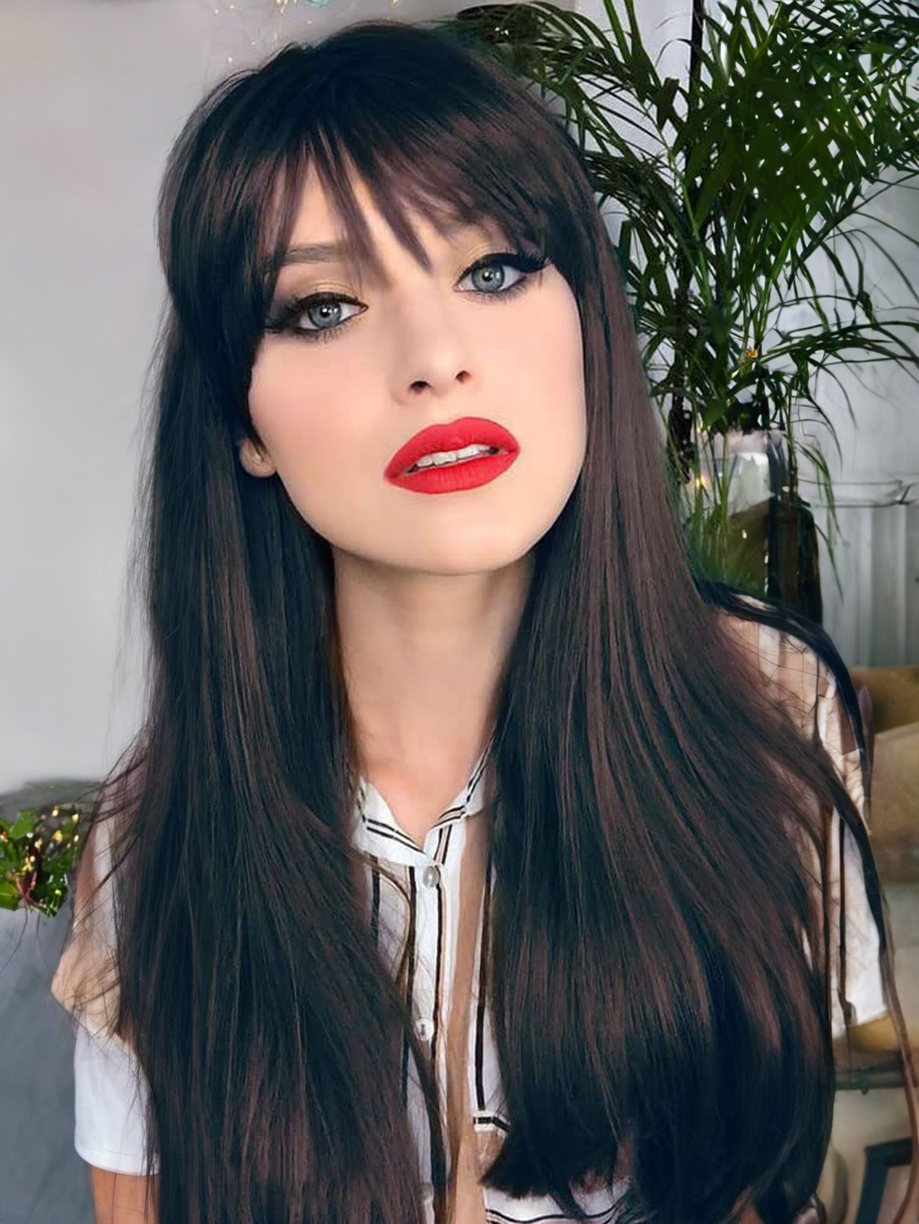 Long Natural Black Wigs for Women,Natural Black Wigs with Bangs Layered Shoulder Length Synthetic Wig for Daily Party (24 inch)