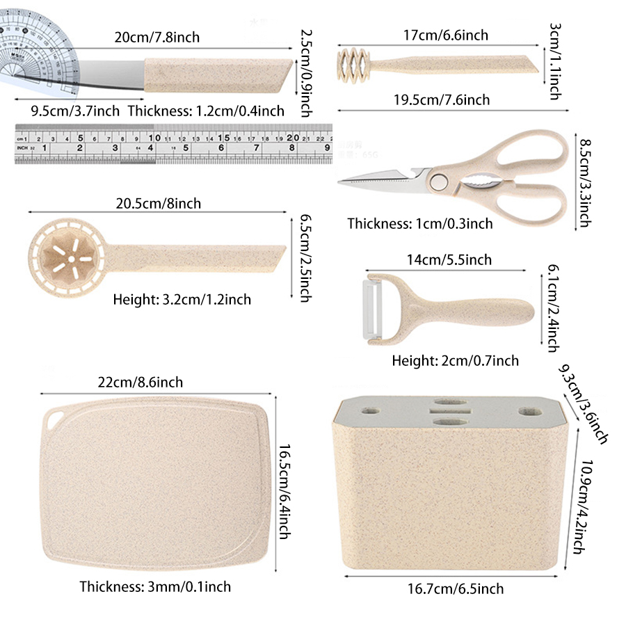 7pcs Kitchen Small Tool Multifunctional Cooking Set, Made Of Wheat Straw Material, With Storage Seat, Melon Planer, Baking Tools