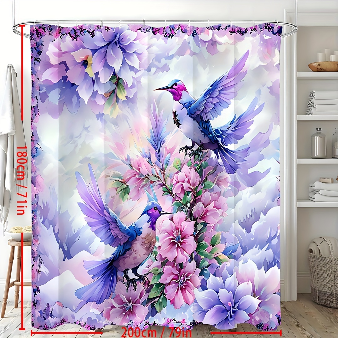 1pc Enchanting Purple Hummingbird Shower Curtain Set with Waterproof Floral Design, 12 Easy-Glide Hooks, for Elegant Bathroom Decor