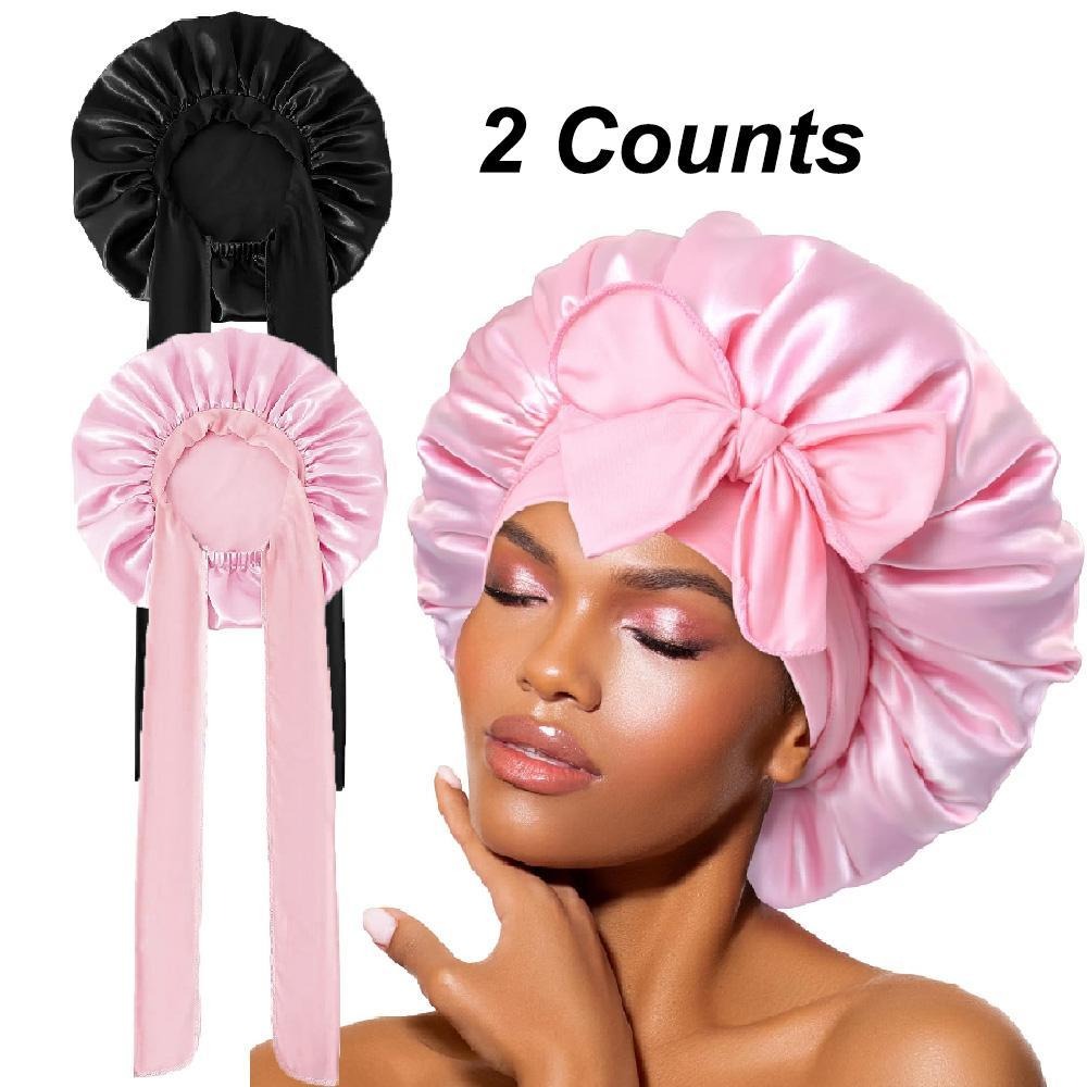 2Pack Bonnet with Tie Band, Satin Silk Bonnet for Sleeping, Sleep Bonnets for Women, Large Sleep Cap for Braids Curly Hair