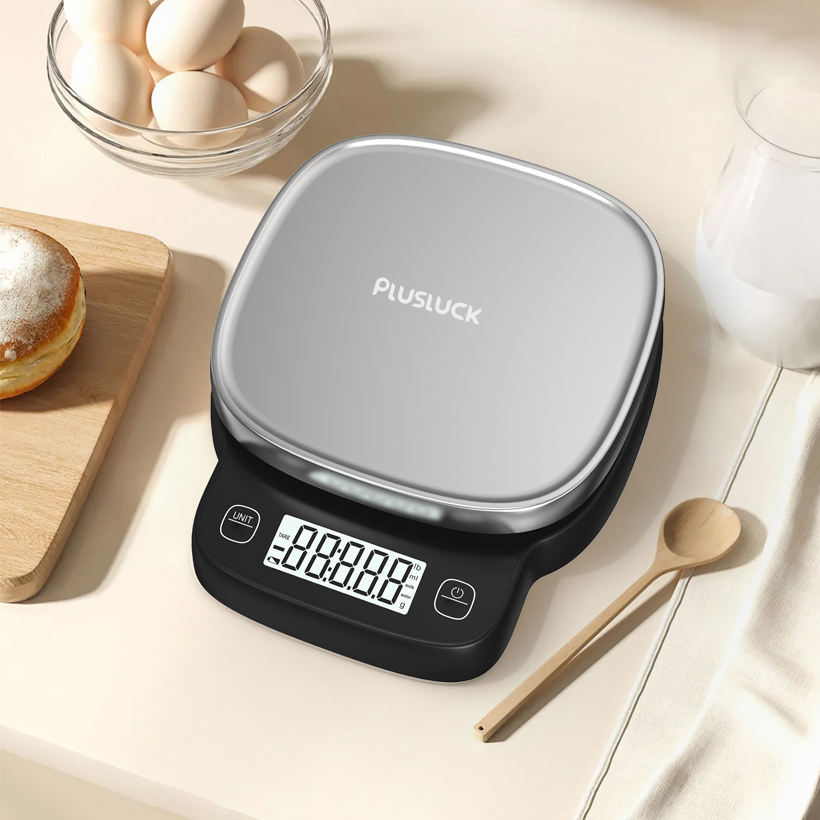 High precision 0.1g digital kitchen scale - 5kg capacity, 304 stainless steel surface, multi-function LCD display, one-click peeling,g/ml(water)/ml(milk)/lb unit conversion, rounded corner design, non-slip foot pad