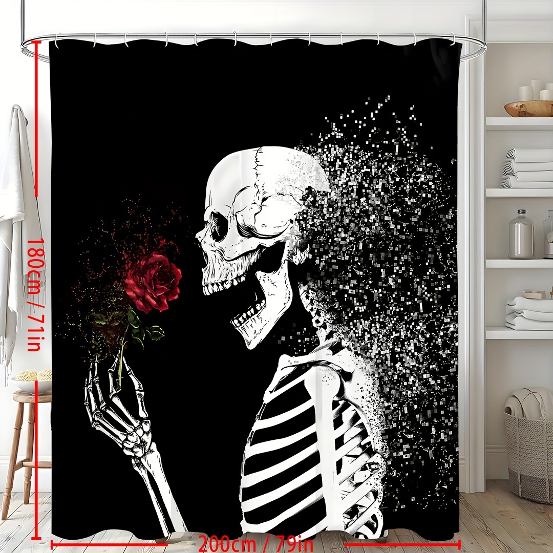 Halloween Skull Floral Skeleton Black Shower Curtain for Bathroom Gothic Goth Spooky Sugar Rock Roll Cool Sugar Funny Hippie Bone Love Scary Magic Waterproof Polyester Fabric