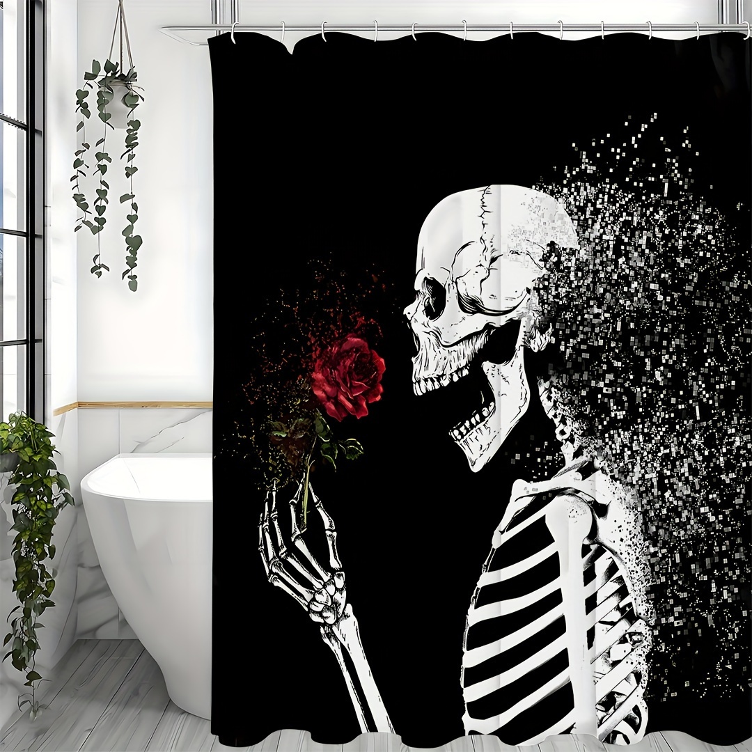 Halloween Skull Floral Skeleton Black Shower Curtain for Bathroom Gothic Goth Spooky Sugar Rock Roll Cool Sugar Funny Hippie Bone Love Scary Magic Waterproof Polyester Fabric